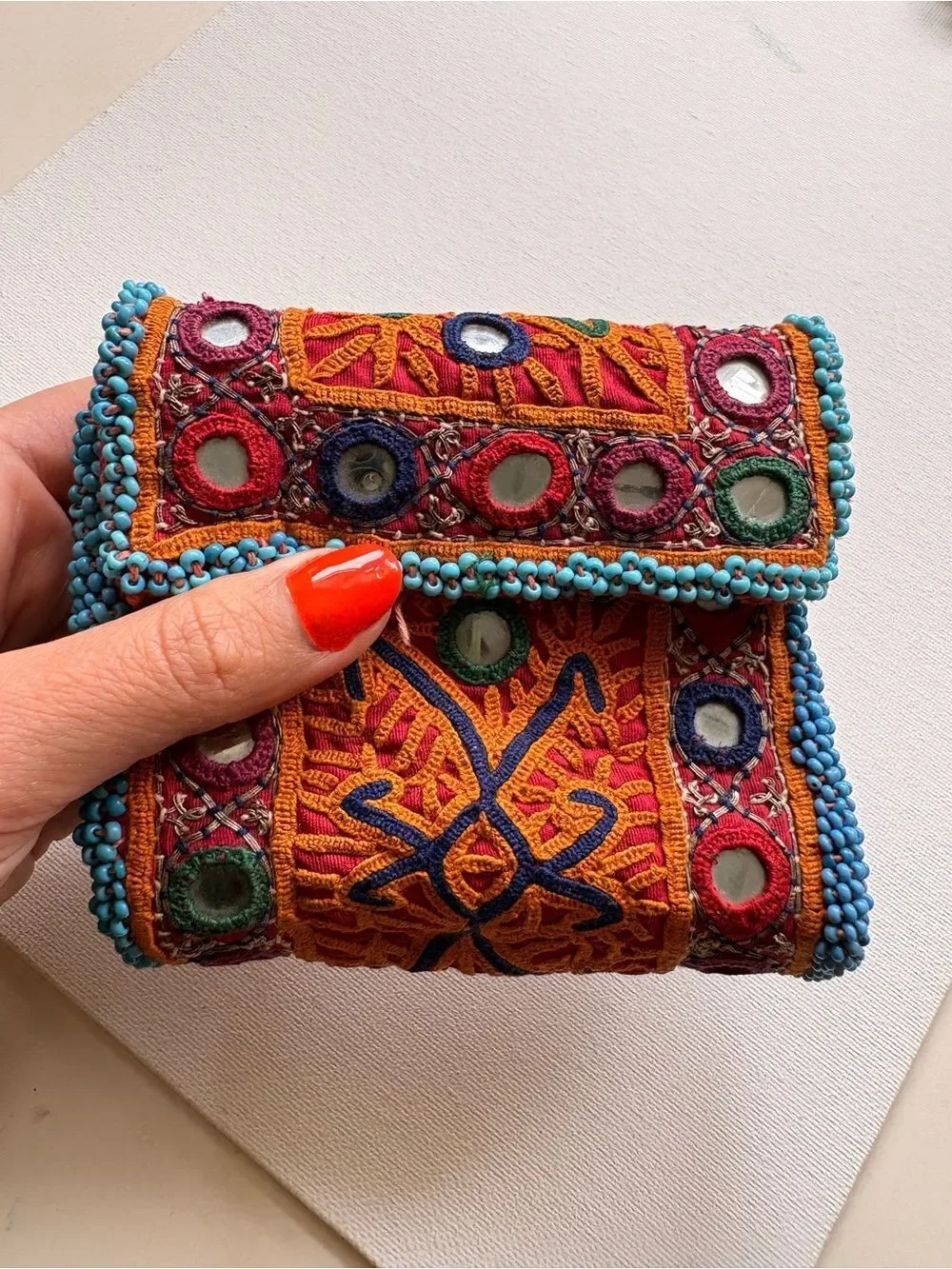 Handcrafted Embroidered Orange & Turquoise Women's Wallet Clutch